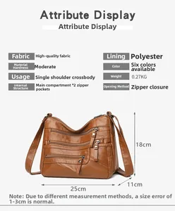 Brown soft PU leather crossbody bag dimensions 25x18x11cm with multiple zipper pockets