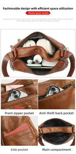 Detailed interior compartment and multiple pockets of a textured brown leather shoulder bag