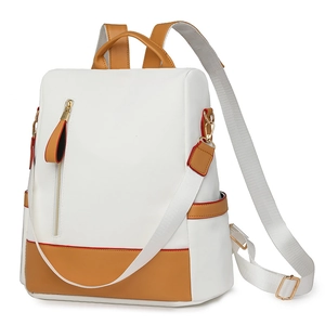 White large capacity backpack with caramel accents and versatile shoulder straps