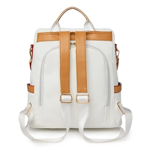 Large capacity white travel backpack with brown leather trim and adjustable straps