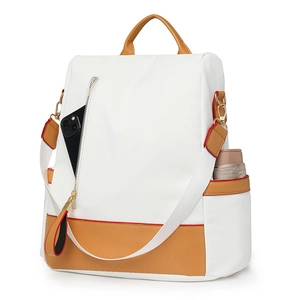 Minimalist large capacity white canvas backpack with brown leather trim and side pockets