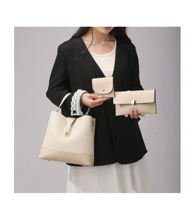Three-piece beige PU leather bag set including bucket bag, clutch and card holder