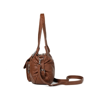 Vintage brown multi-pocket faux leather shoulder bag with adjustable strap and zip closures