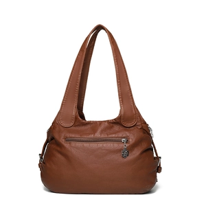 Brown vintage faux leather shoulder bag with multi-pockets and floral zipper puller