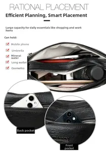 Detailed view of black litchi pattern bag showing multi-layer zipper and large capacity