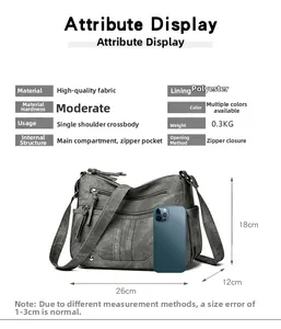 Vue détaillée du sac bandoulière gris en PU avec dimensions et smartphone pour échelle