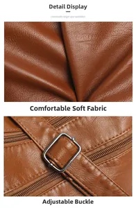 Detail of brown pebbled leather texture and adjustable silver buckle on shoulder bag