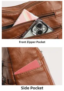 Detailed view of the multi-pocket soft leather shoulder bag with functional zippers