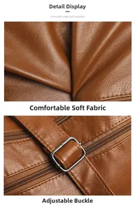Detailed close-up of brown litchi pattern leather fabric and adjustable silver buckle