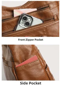 Detail view of brown soft leather bag with front zipper and side pocket compartments