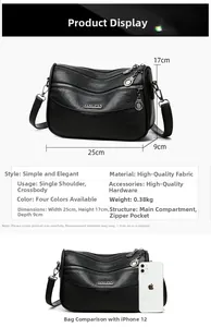 Detailed size display of black multi-layer crossbody bag measuring 25cm x 17cm x 9cm