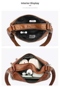 Detail view of large capacity interior compartments and zipper pocket of brown soft leather bag