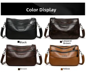 Detail view of four large-capacity crossbody bags in black, brown, and leopard print colors
