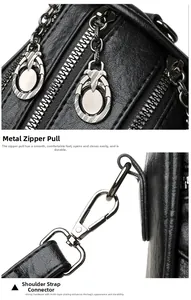 Detailed view of silver dual zippers and metallic strap buckle on black pebbled leather bag