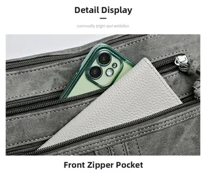 Poche zippée avant du sac gris montrant le rangement pour téléphone et porte-cartes