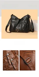 Close-up of brown textured leather crossbody bag showing multi-zipper pockets and hardware