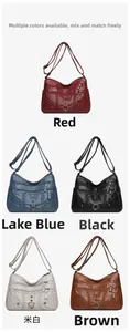 Woven soft leather crossbody bag shown in red, blue, black, beige, and brown colors