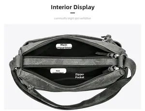 Vue détaillée du sac en toile grise avec trois compartiments principaux zippés