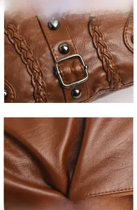 Close-up of caramel brown woven leather texture with metallic rivet and buckle detail