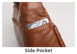 Close-up of the functional side pocket on this brown woven leather crossbody bag