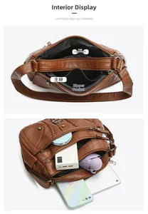 Internal view of brown woven leather bag showing large capacity and multi-compartment design