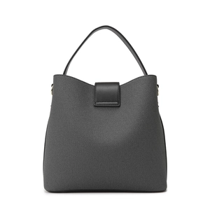 Minimalist grey fabric tote bag with black leather handles and buckle detail