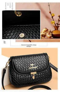 Close-up of magnetic buckle and woven texture on a black women shoulder bag