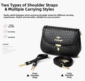 Detail of black woven texture handbag with metal kangaroo logo and dual strap options