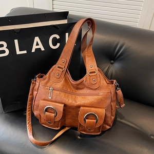 Retro PU Leather Tote Bag Large Capacity Multi Pockets Metal Ring Decor Daily Casual Shoulder Handbag For Women