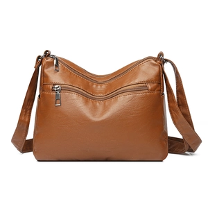 Brown vintage faux leather crossbody bag with multiple zipper pockets for women