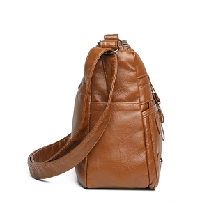 Classic dark brown multi-pocket leather shoulder bag with natural wrinkled texture