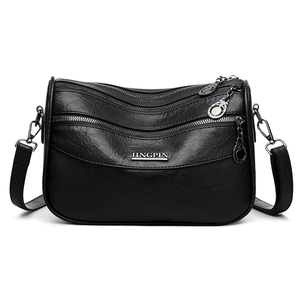 Borsa a tracolla nera multistrato in pelle testurizzata litchi con finiture argentate