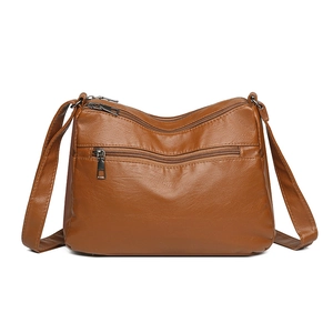 Brown textured PU leather multi-zipper shoulder bag for women with large capacity