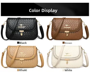 Four woven texture crossbody bags in black, brown, khaki and white with kangaroo logo