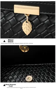 Close-up of golden leaf pendant and magnetic buckle on black woven leather bag