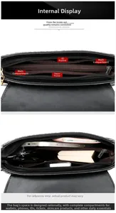 Detail view of the multi-layer zipper interior and spacious pockets of the black leather bag