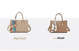Dual view of apricot and khaki tote bags with printed silk scarf and gold metal hardware