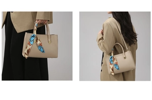 Detail of beige lychee pattern PU leather tote with stylish printed silk scarf handle