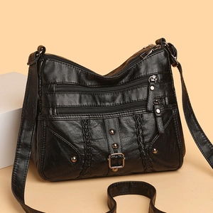 Women Crossbody Bag PU Leather Multi Pocket Zipper Woven Texture Rivet Retro Shoulder Purse