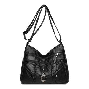 Fashionable black soft leather hobo crossbody bag with multiple zippers and woven texture