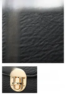 Detail of lychee pattern leather and light gold metal twist lock on a black crossbody bag