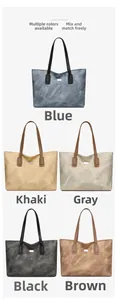 Detailed grid view showcasing retro tote bags in blue, khaki, gray, black, and brown colors