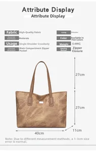 Detailed size specifications for large vintage brown tote bag with dimensions display