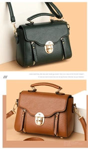 Detail of square crossbody bags in green and brown with gold metal lock and pebble texture