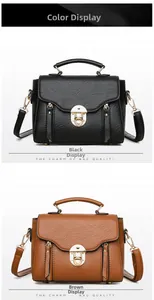 Detail view of small square bags in black and brown featuring vintage lock and lychee texture