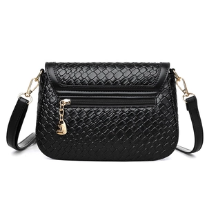 Elegant black woven leather shoulder bag for women with adjustable strap and gold hardware