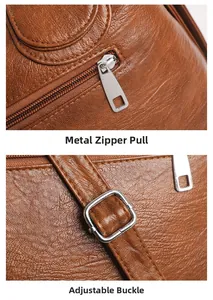 Détails du zip argenté et de la boucle réglable sur un sac à main en cuir marron