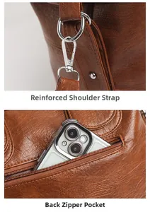 Détails de la boucle métallique renforcée et de la poche zippée arrière du sac en cuir