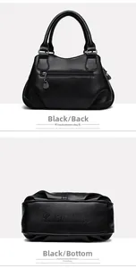 Macro shot of black litchi grain leather bag showing back zip pocket and bottom embossed logo