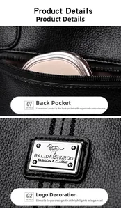 Detail of soft black lychee leather bag showing back zipper pocket and metal brand logo